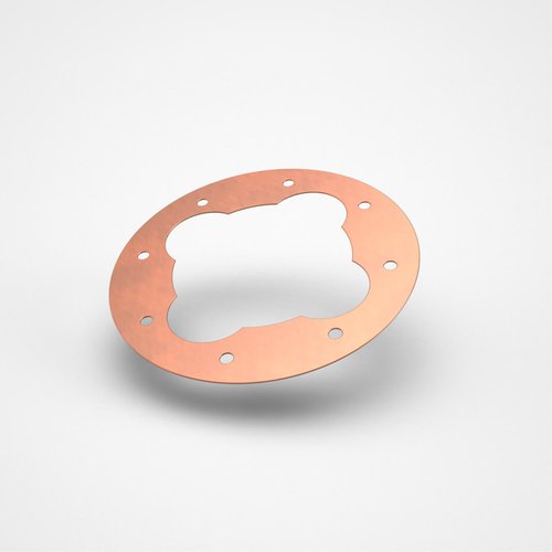 Flache Metalldichtung (Ring) mit Bohrlöchern und Einsparungen im Innenring.